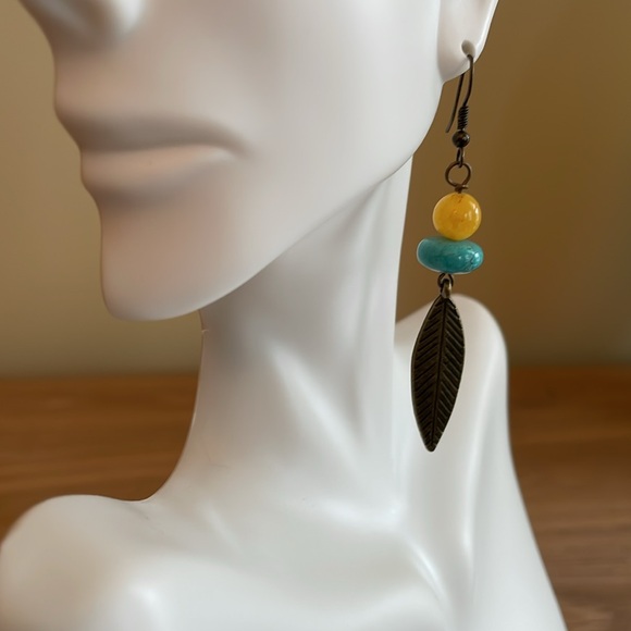 HAND CRAFTED BOHEMIAN BEADED EARRINGS Antique Brass Turquoise Yellow Chalcedony - Picture 3 of 14